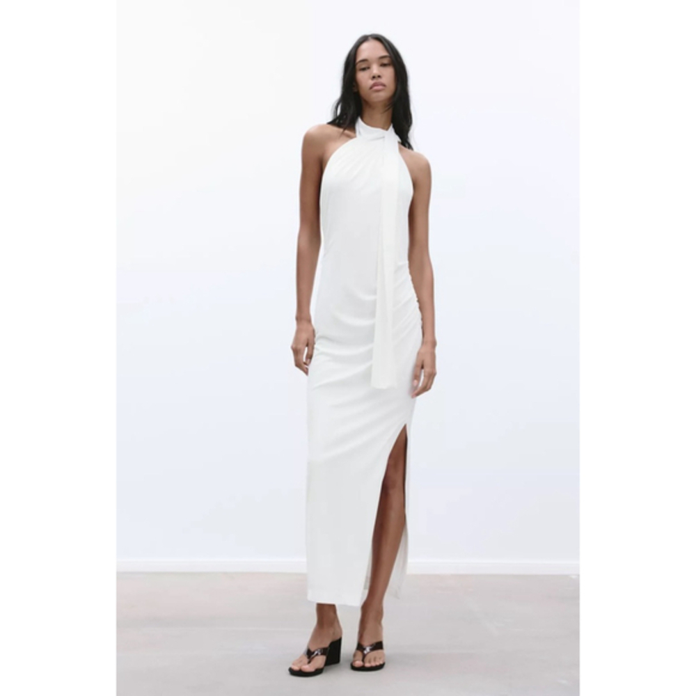 Zara Halter Maxi Dress Size S White Knit Snatched Gathering New w Tags